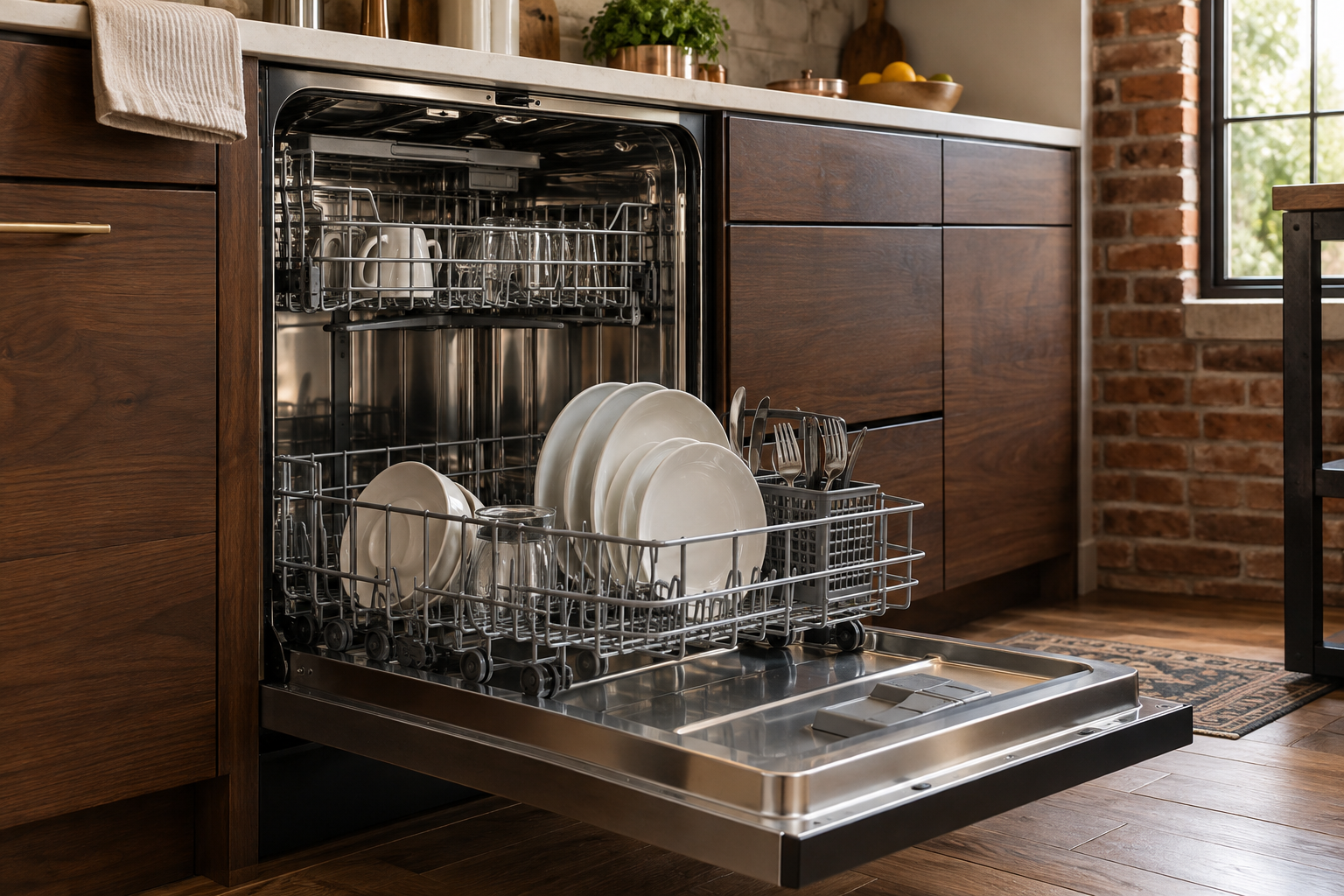 Illustrative Monogram dishwasher in a residential kitchen — AI image for Wolf Repair Rye Brook