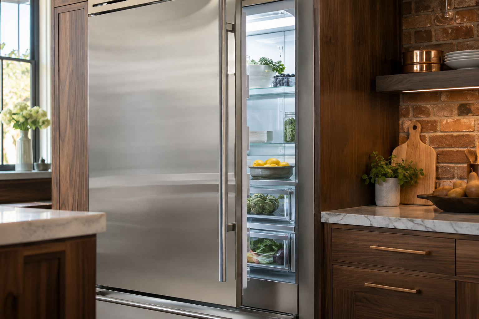 Illustrative Sub-Zero refrigerator in a residential kitchen — AI image for Wolf Repair Rye Brook