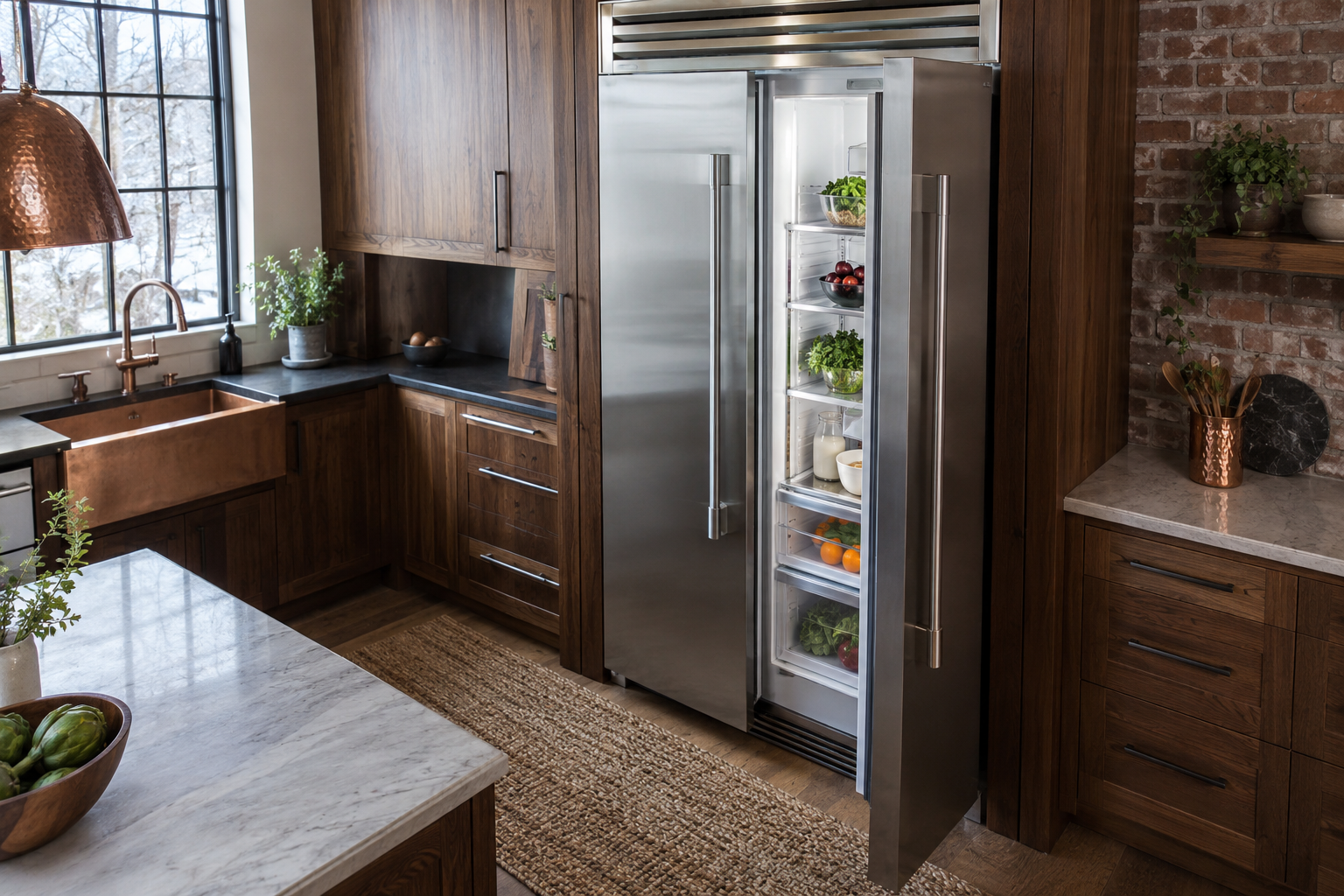 Illustrative Viking refrigerator in a residential kitchen — AI image for Wolf Repair Rye Brook