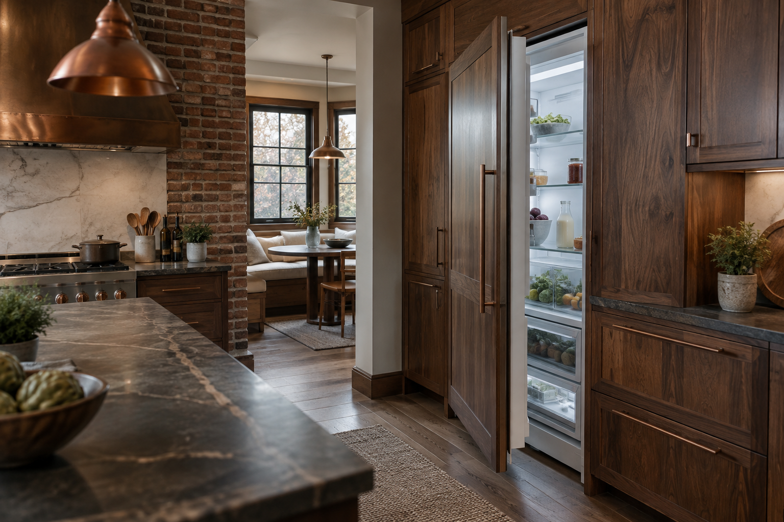 Illustrative Sub-Zero refrigerator in a residential kitchen — AI image for Wolf Repair Rye Brook