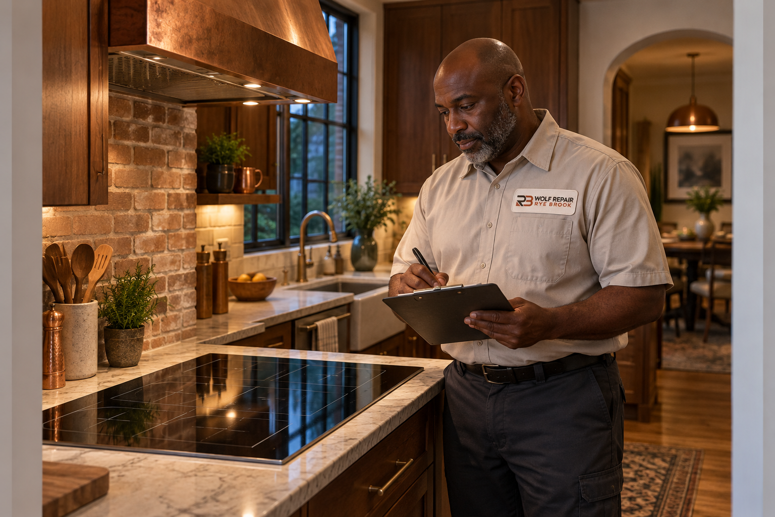 Fictional technician beside a Thermador cooktop — AI illustration for Wolf Repair Rye Brook