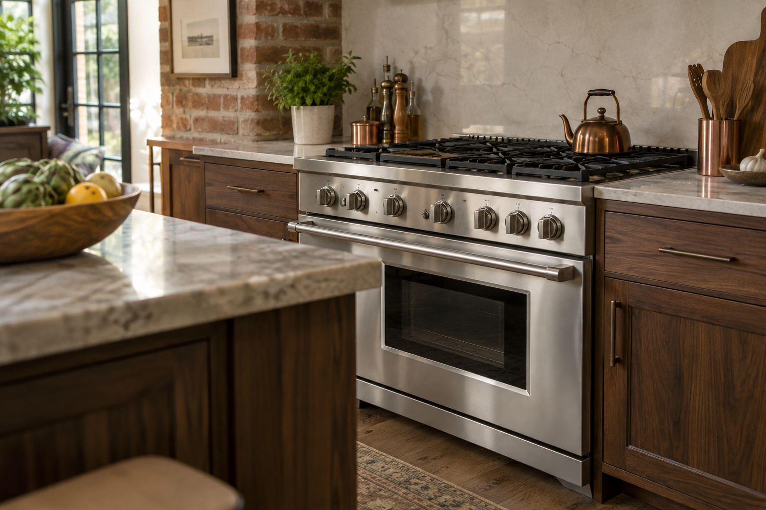 Illustrative Wolf range in a residential kitchen — AI image for Wolf Repair Rye Brook