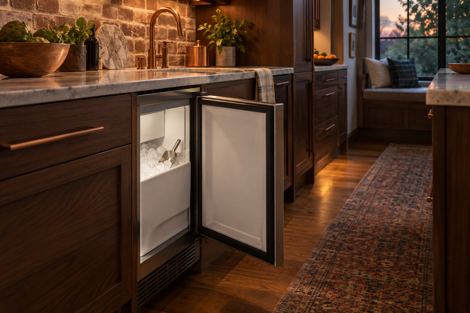 Illustrative Sub-Zero ice maker in a residential kitchen — AI image for Wolf Repair Rye Brook