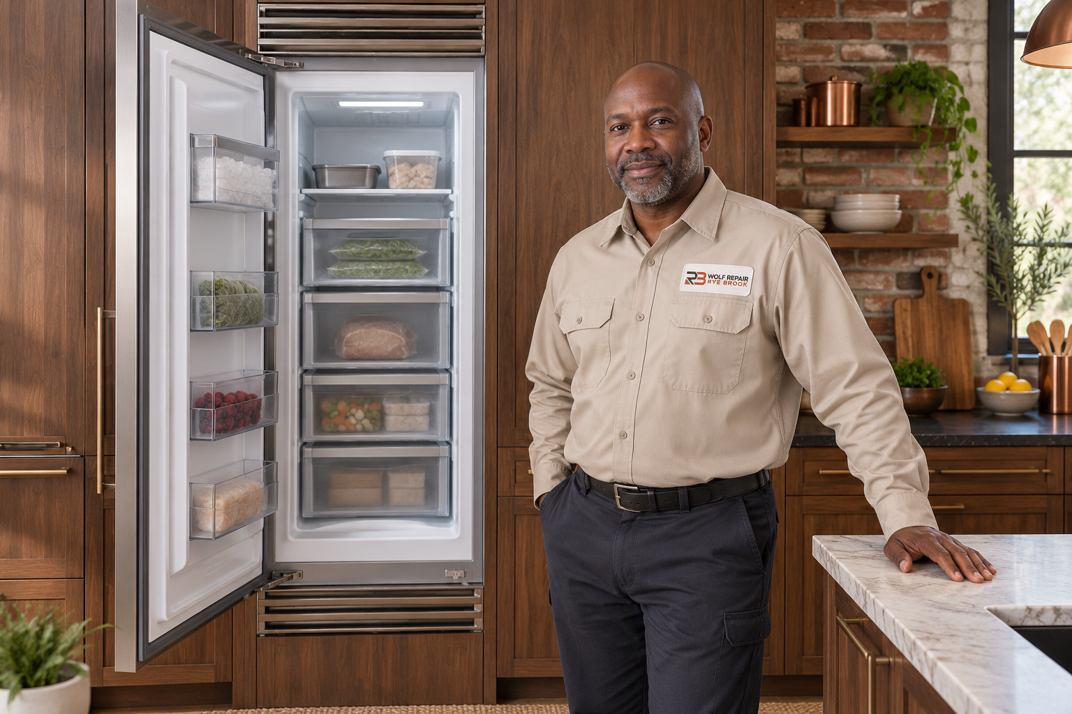 Fictional technician beside a Thermador freezer — AI illustration for Wolf Repair Rye Brook