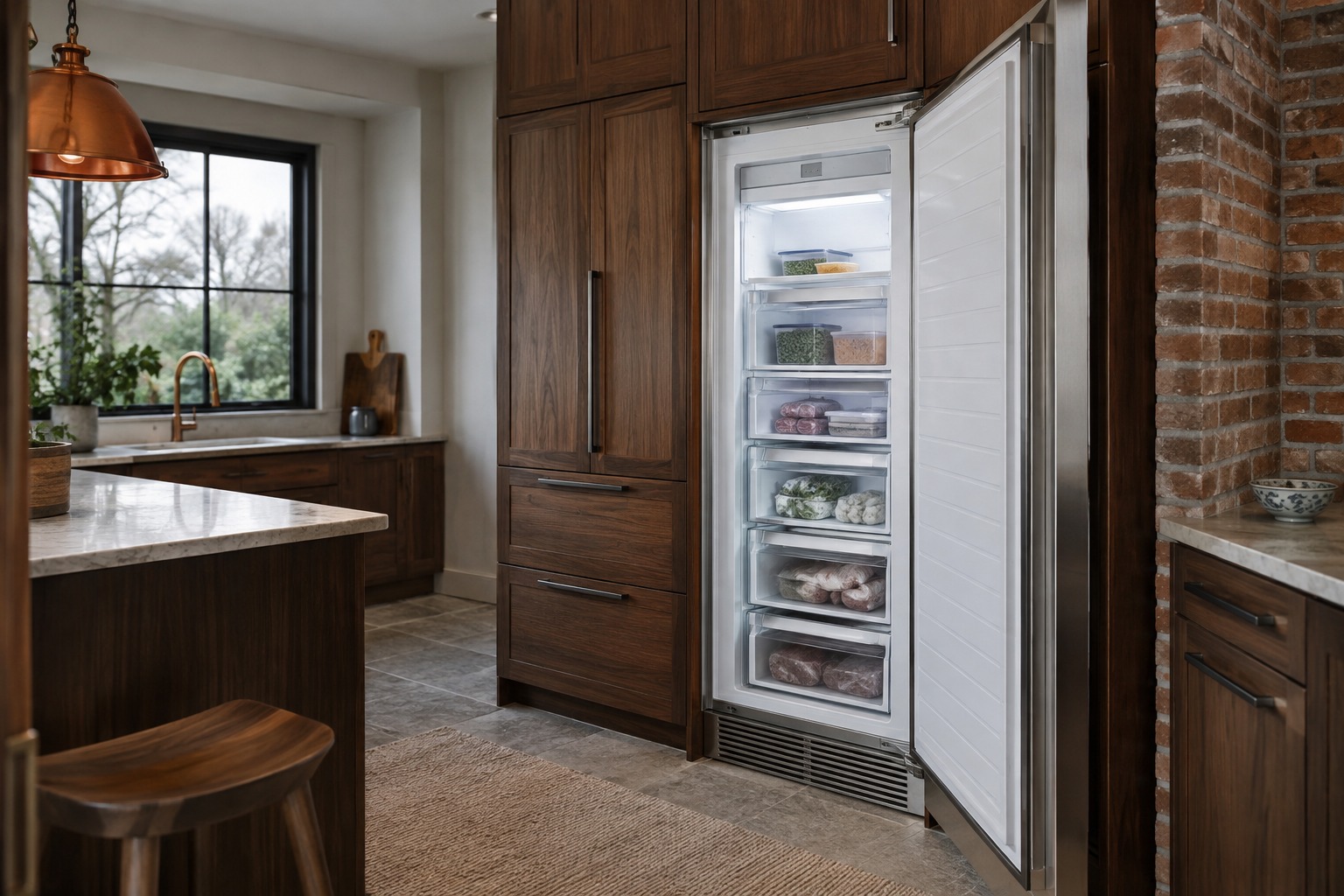 Illustrative Viking freezer in a residential kitchen — AI image for Wolf Repair Rye Brook